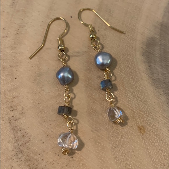 Handmade Pearl Labradorite and Herkimer Dangle Earrings - Picture 1 of 11